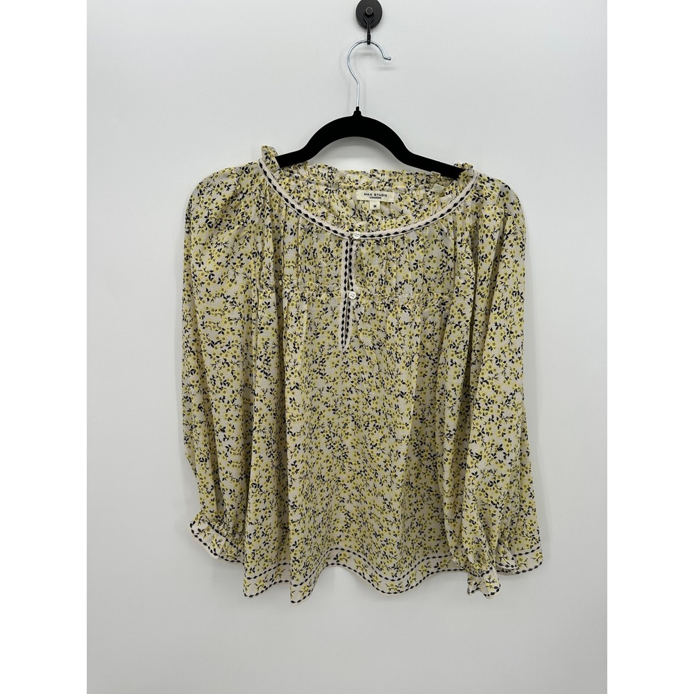Max Studio London‎ Yellow Floral Ruffle Neck Peasant Blouse Sz M Dainty Feminine